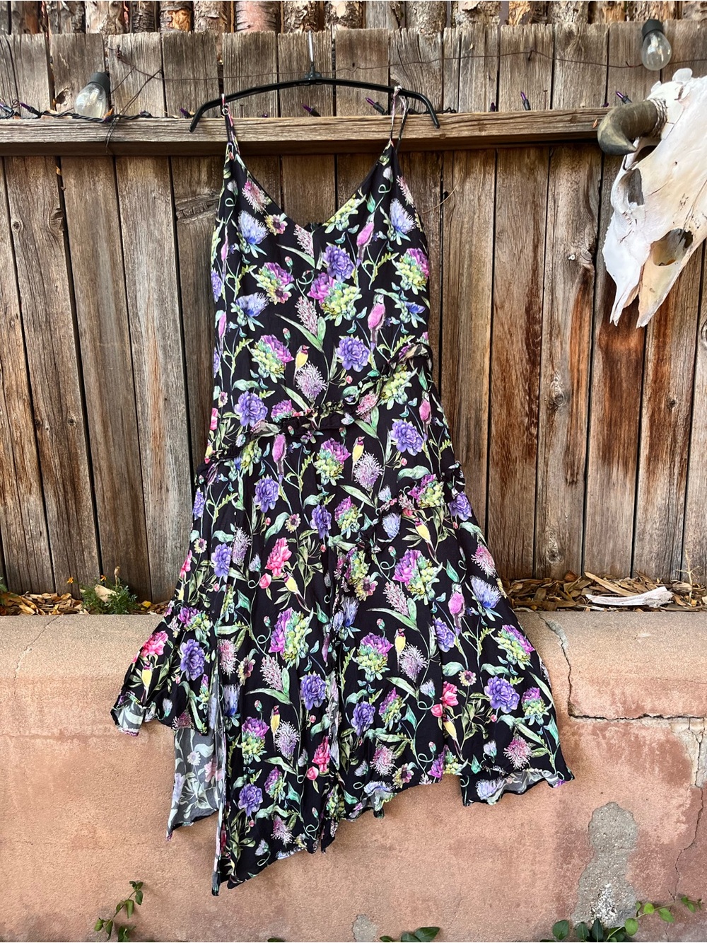 Bird Floral Slip Dress with Ruffled Asymmetrical Hem - Black & Purple